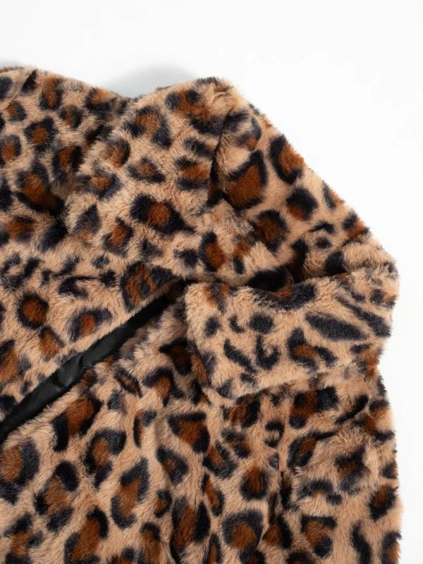 Women's Leopard Print Pocket Long Sleeve Fuzzy Coat, Casual Open Front Collared Outerwear for Fall & Winter, Women's Clothing for Daily Wear