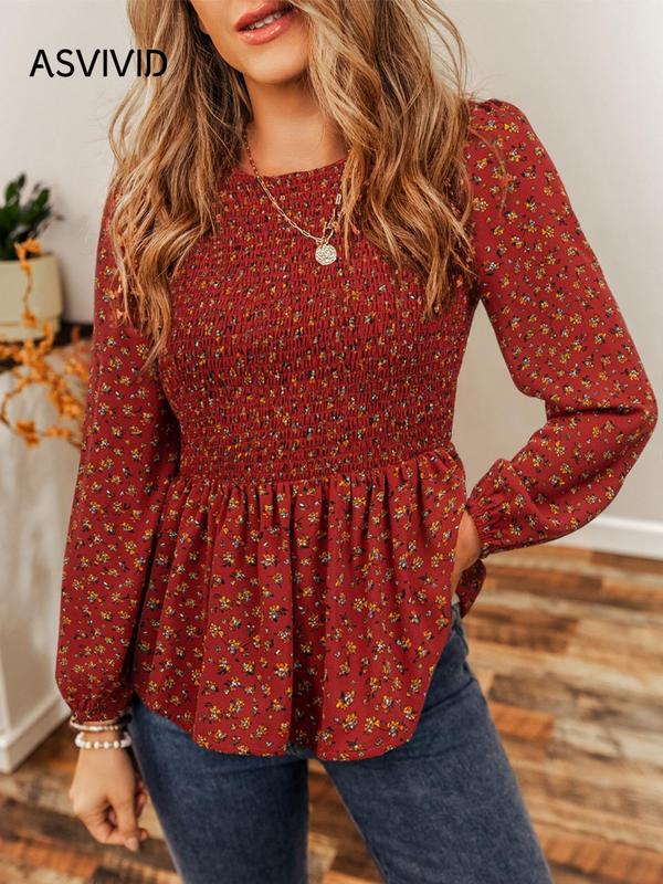 Women's Ditsy Floral Print Peplum Shirred Blouse, Peplum Top, Going Out Tops, Casual Bishop Sleeve Round Neck Top for Daily Wear, Ladies Clothes for Fall, Stockholm Outfit Style