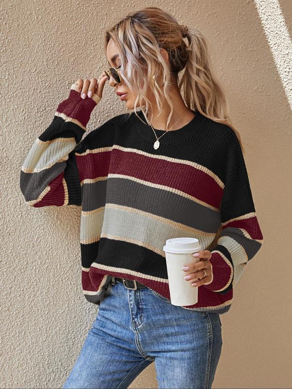  Patchwork Print Drop Shoulder Sweater, Casual Long Sleeve Round Neck Jumper for Fall & Winter, Women's Clothing for Daily Wear