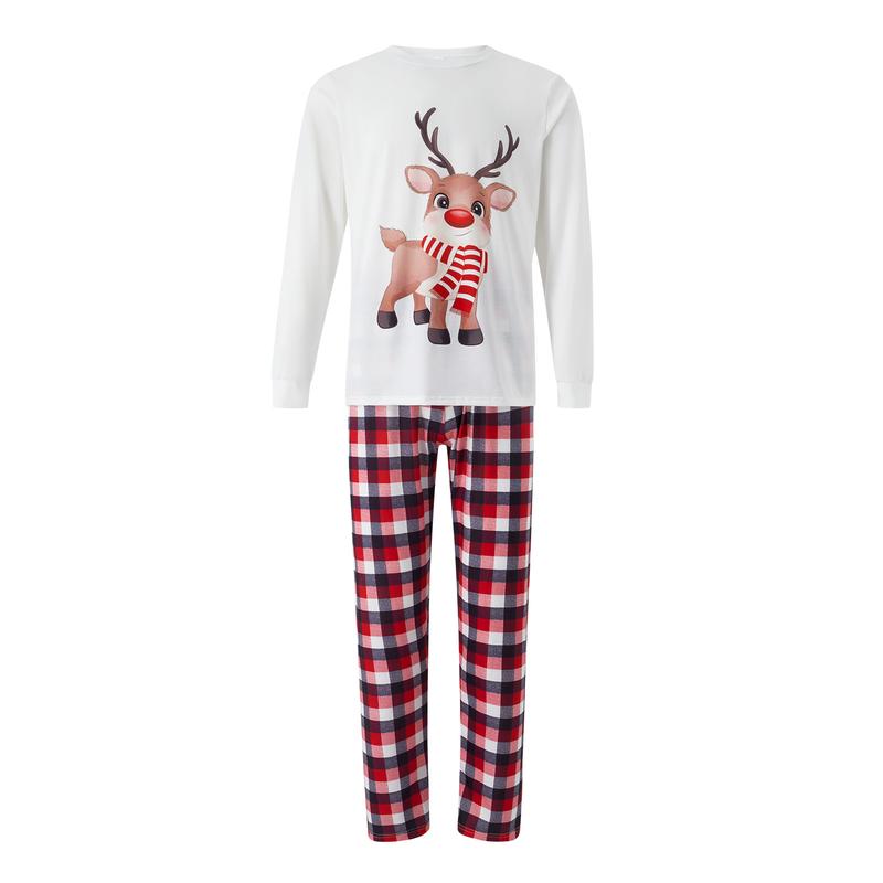 Family Matching Christmas Pajamas Outfits, Long Sleeve Elk Printed Tops + Elastic Plaid Pants Romper Sets