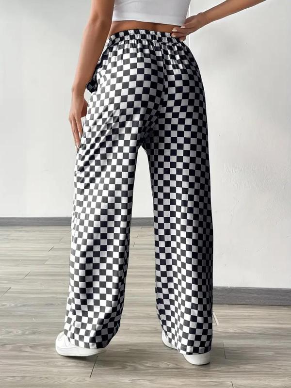 Women's All Over Checkerboard Print Drawstring Waist Straight Leg Pants, Casual Comfy High Waist Trousers for Daily Wear, Ladies Bottoms for All Seasons