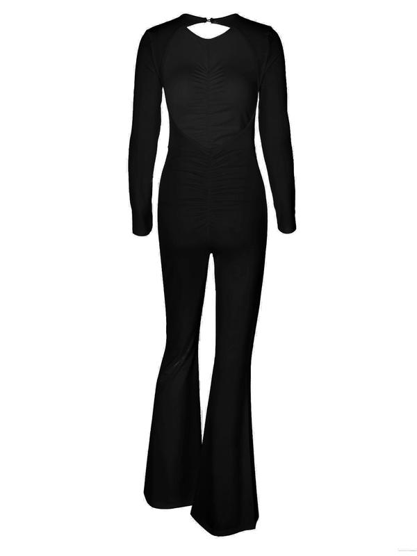 Women's Solid Backless Ruched Jumpsuit, Elegant Fashion Long Sleeve Round Neck Jumpsuit for Party Club Dating Wear, Women Jumpsuit for Spring & Fall