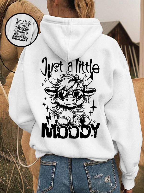 Women's Cartoon Highland Cow Print Drop Shoulder Hoodie, Fashion Casual Letter Print Drawstring Pocket Hooded Sweatshirt for Daily Holiday Outdoor Wear, Women Clothing for Fall & Winter