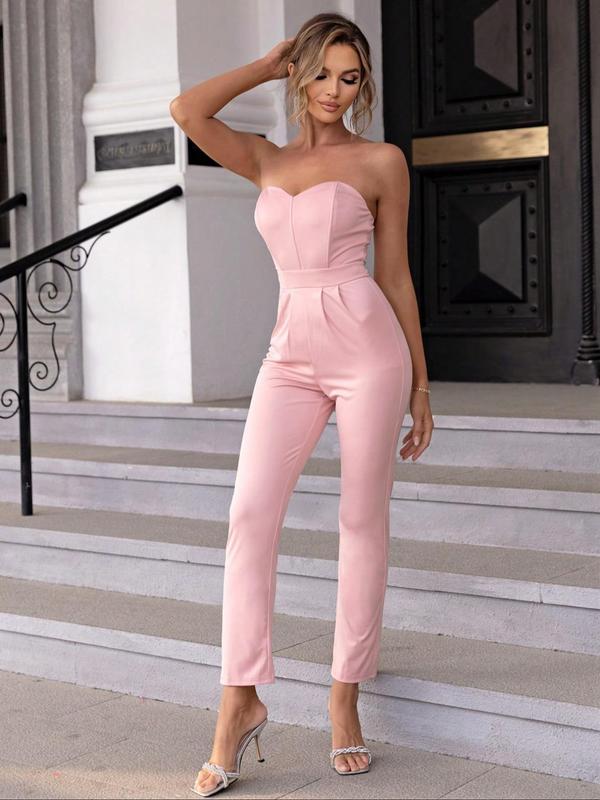 Women's Minimalist Solid Backless Tube Jumpsuit,  Summer Clothes Women, Basic Sleeveless Strapless Jumpsuit for Festival Party Club Dating, Comfort Bridal Womenswear, Ladies Summer Clothes