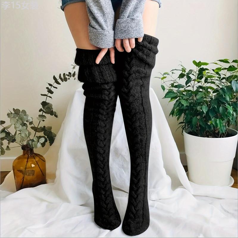 Cozy Knitted Thigh High Socks, Warm & Simple Over The Knee Socks, Women's Stockings & Hosiery Fabric Womenswear