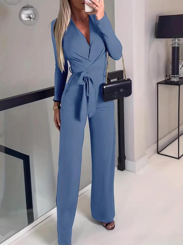 Women's Plain Wrap Straight Leg Jumpsuit, Trendy Belted V Neck Jumpsuit for Summer, Chic One-piece Outfits for Lady Spring & Fall Work Office Wear