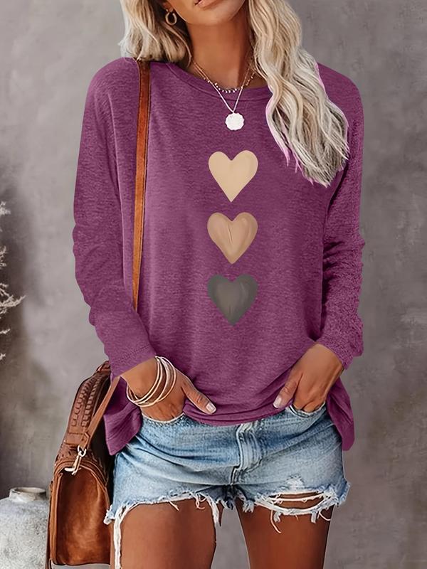 Women's Heart Print Round Neck T-shirt, Casual Long Sleeve Crew Neck T-shirt for Spring & Fall, Fashion Women's Top for Daily Wear