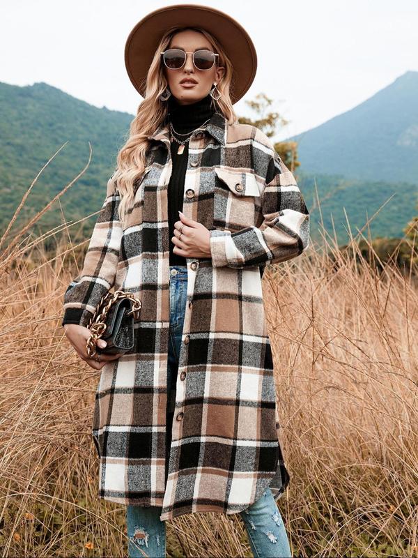 Women's Plaid Print Button Front Split Side Coat, Casual Comfy Long Sleeve Collared Outerwear for Fall & Winter, Ladies Clothes for Daily Wear