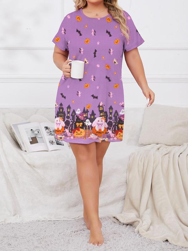 Cartoon Pumpkin & Bat Print Drop Shoulder Nightdress, Casual Comfy Halloween Short Sleeve Round Neck Nightgown for Women, Women's Sleepwear for All Seasons