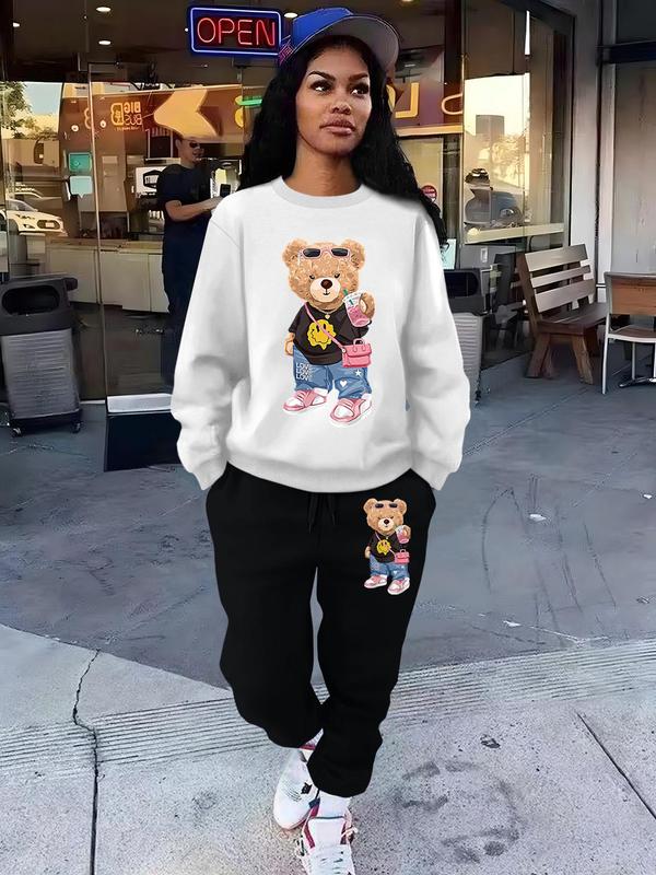 Women's Cartoon Print Drop Shoulder Sweatshirt & Drawstring Waist Pants Two-piece Set, Casual Fashion Cozy Round Neck Long Sleeve Pullover & Pocket Trousers for Daily Wear, Ladies Fall & Winter Clothes