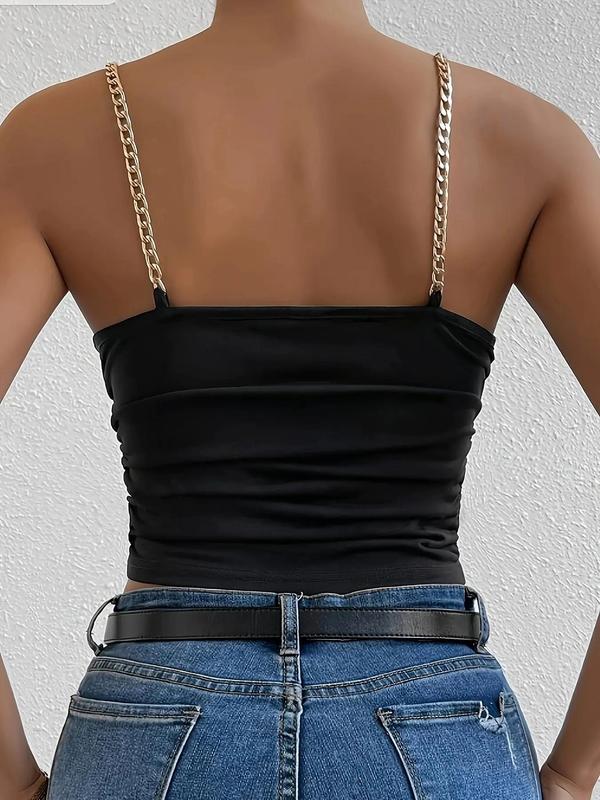 Women's Plain Cowl Neck Crop Cami Top, Elegant Chain Detail Ruched Top for Summer, Ladies Clothes for Daily Wear