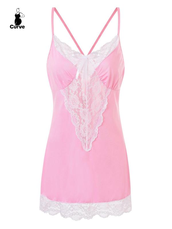 @ShopwithJulie Collection Women's Contrast Lace Criss Cross Cami Nightdress, Elegant Bow Decor Sheer Nightgown, Plus Size Homewear for Indoor, Women's Summer Wear 2024