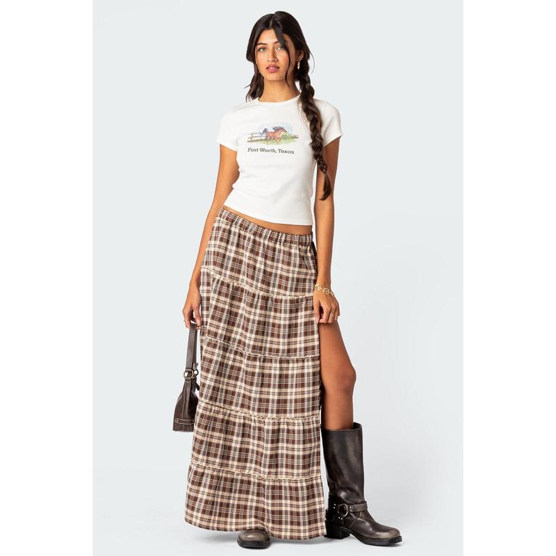 Plaid Side Slit Tiered Maxi Skirt