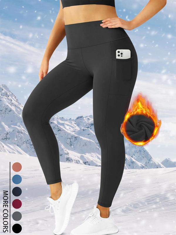  Solid High Waist Pocket Leggings, Casual Comfy Warm Skinny Pants for Women, Women's Bottoms for Fall & Winter