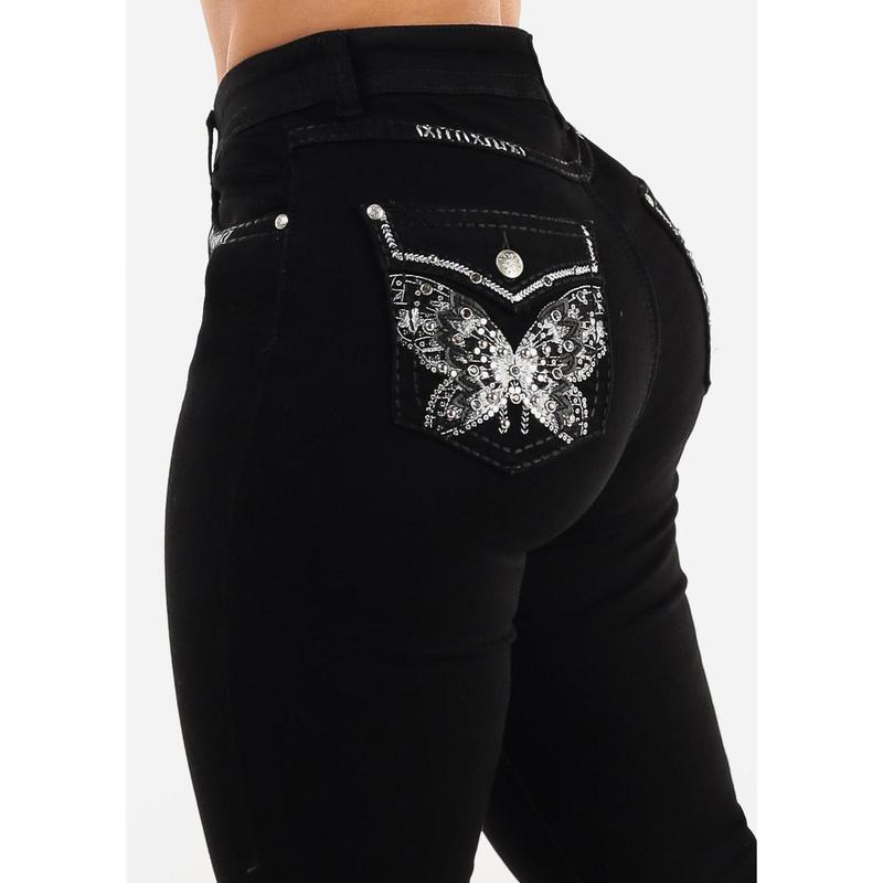 Super High Waist Black Bootcut Jeans w Back Pocket Design