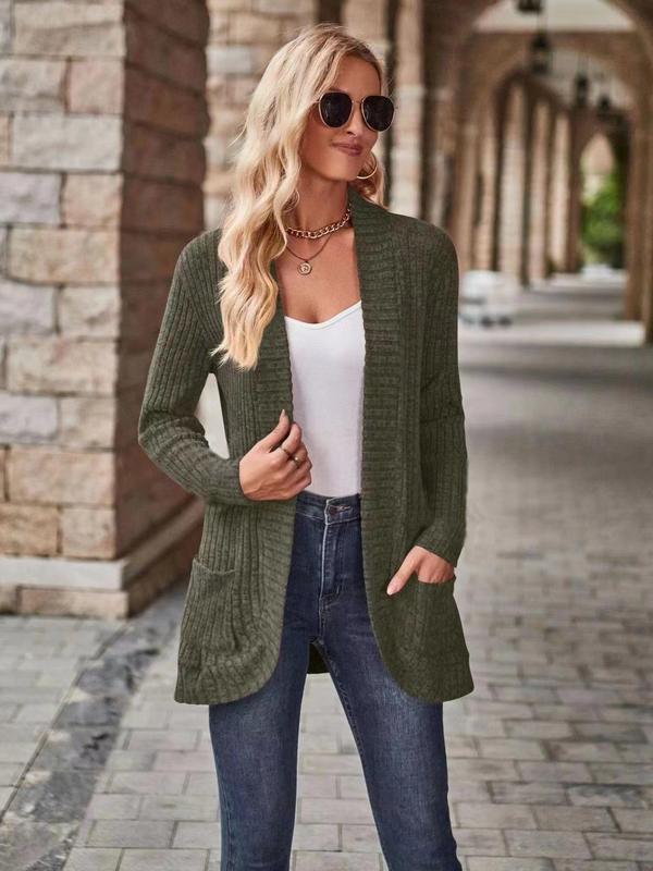  Solid Pocket Open Front Cardigan, Cardigan for Women, Casual Long Sleeve Ribbed Cardigan for Fall & Winter, Women's Plus Clothing for Daily Wear