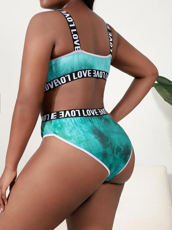 Women's Plus Size Two-Piece Set Tie Dye Print Contrast Letter Tape V Neck Push Up Bra & Panty Set, Comfort Cozy Casual Two-piece Lingerie Set for All Seasons, Women's Comfortable Soft Casual Two-piece Suit, Ladies Plus Size Underwear