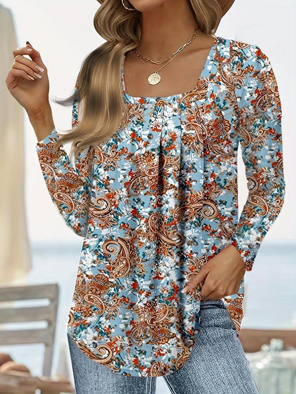  All Over Print Plicated Square Neck Tee, Casual Long Sleeve T-shirt for Spring & Fall, Women's Clothing for Daily Wear