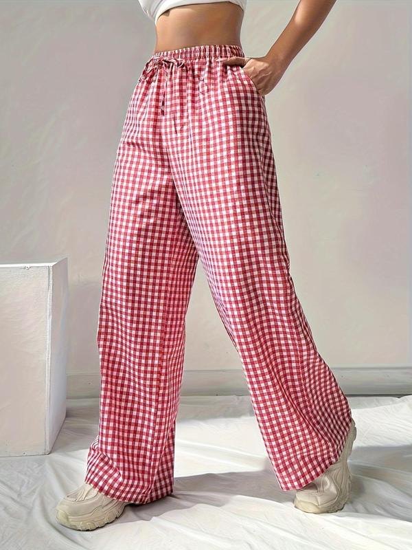 Women's Plaid Print Tie Front Wide Leg Pants, Casual Comfy Elastic Waist Pocket Trousers for Daily Wear, Ladies Bottoms for All Seasons,  Comfy Pants