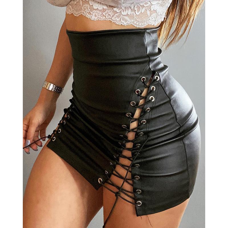 Women's High Waist Side Lace-up Tight Leather Skirt