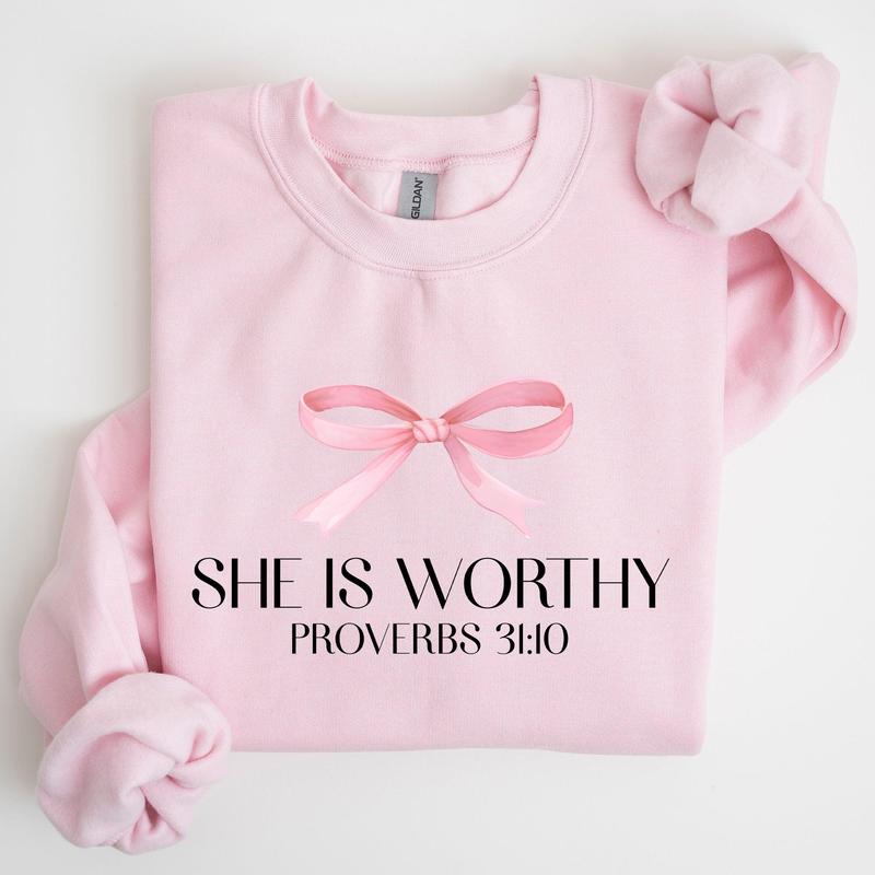 She Is Worthy, Bible Verse, Christmas, Bow, Pink, Proverbs, Soft Girl Era Sweatshirt, Women's Crew Neck, Crewneck