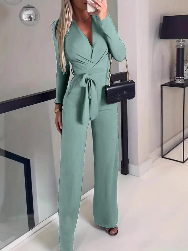 Women's Plain Wrap Straight Leg Jumpsuit, Trendy Belted V Neck Jumpsuit for Summer, Chic One-piece Outfits for Lady Spring & Fall Work Office Wear