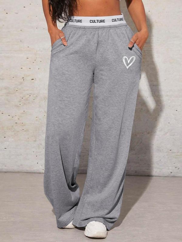 Women's Heart Print Pocket Wide Leg Sweatpants, Casual Comfy High Waist Letter Tape Trousers for Daily Wear, Ladies Bottoms for All Seasons