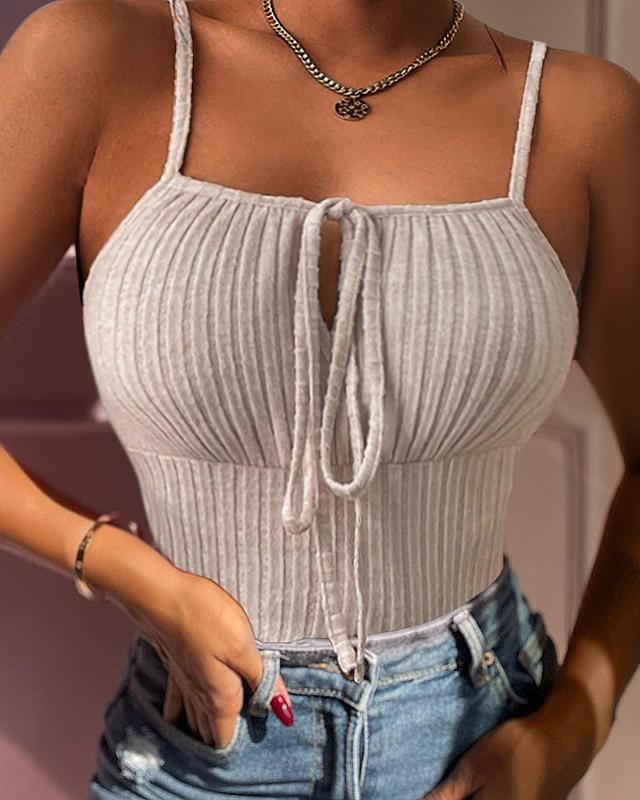 Chicme Tied Detail Ribbed Cami Top align tank croptopswomenlatina Fit Sleeve Spaghetti Spaghetti Strap