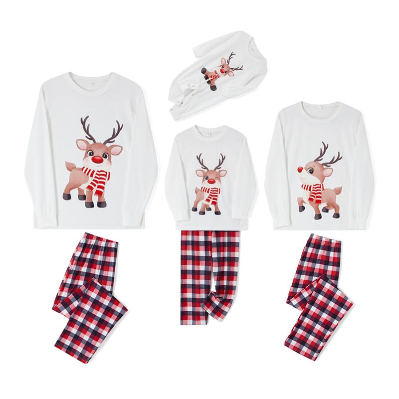 Family Matching Christmas Pajamas Outfits, Long Sleeve Elk Printed Tops + Elastic Plaid Pants Romper Sets