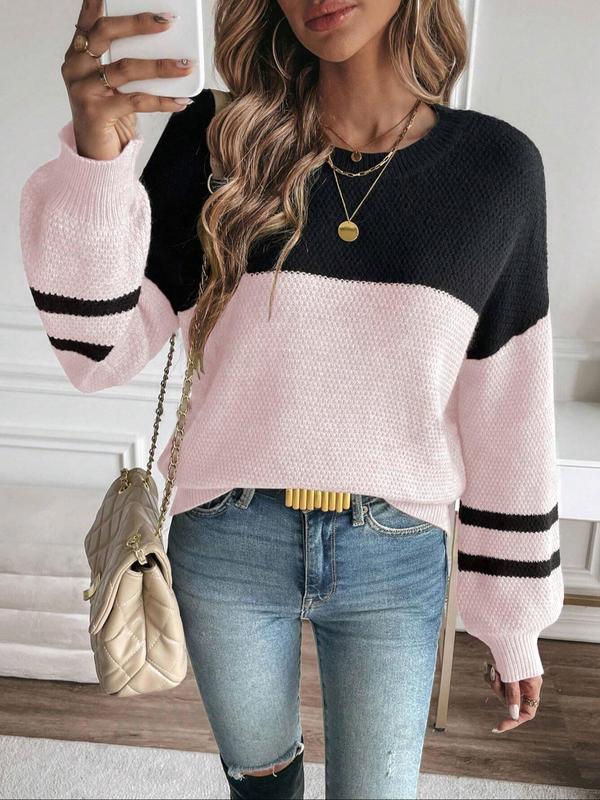 Women's Patchwork Lantern Sleeve Sweater, Casual Long Sleeve Round Neck Jumper for Fall & Winter, Fall Outfits, Fashion Women's Knitwear for Daily Wear, Sweaters for Women, Fall Sweaters, Fall Outfits, Fallfreshness