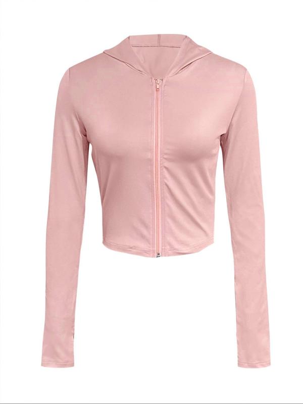 LovelyWholesale Women's Plain Zip Up Hooded Crop Jacket, Casual Slim-fitting Long Sleeve Outerwear for Spring, Jackets for Women, Women's Clothes for Daily Wear, Fall Outfits, Fallfreshness, Downtown Girl Clothes