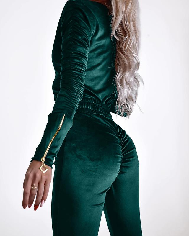 Chicme Velvet Zipper Design Ruched Long Sleeve Jumpsuit With Elastic Waistbelt Comfort Comfortable