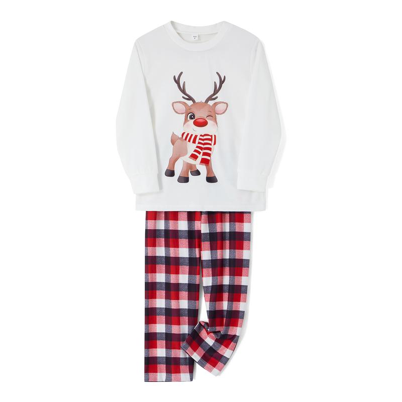 Family Matching Christmas Pajamas Outfits, Long Sleeve Elk Printed Tops + Elastic Plaid Pants Romper Sets