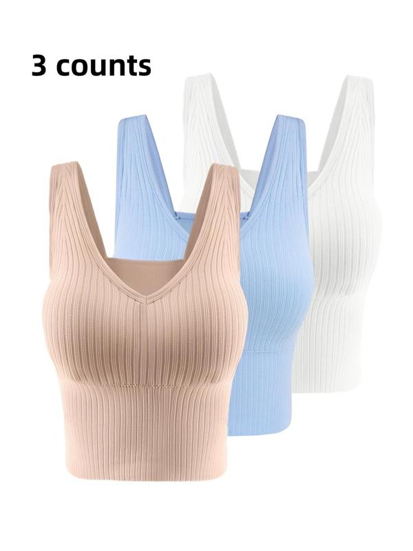 Women's Solid Backless Bra with Removable Chest Pad, Casual Rib Wireless Lingerie for Daily Wear, Summer Wear 2024, Softness Lingerie for All Seasons