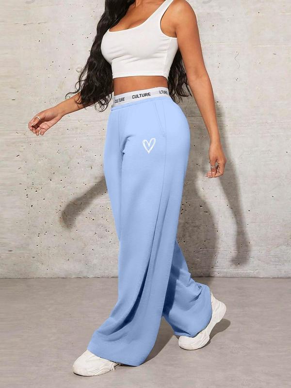 Women's Heart Print Pocket Wide Leg Sweatpants, Casual Comfy High Waist Letter Tape Trousers for Daily Wear, Ladies Bottoms for All Seasons