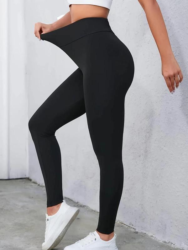 Plus Solid High Waist Skinny Pants, Casual Comfy Breathable High Rise Leggings For Daily Wear, Women's Bottoms For Summer Spring Fall