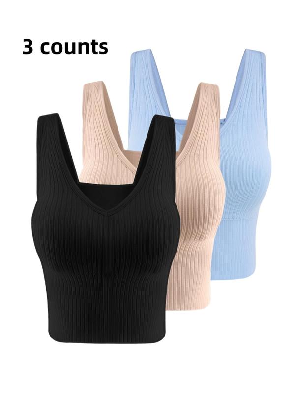 Women's Solid Backless Bra with Removable Chest Pad, Casual Rib Wireless Lingerie for Daily Wear, Summer Wear 2024, Softness Lingerie for All Seasons