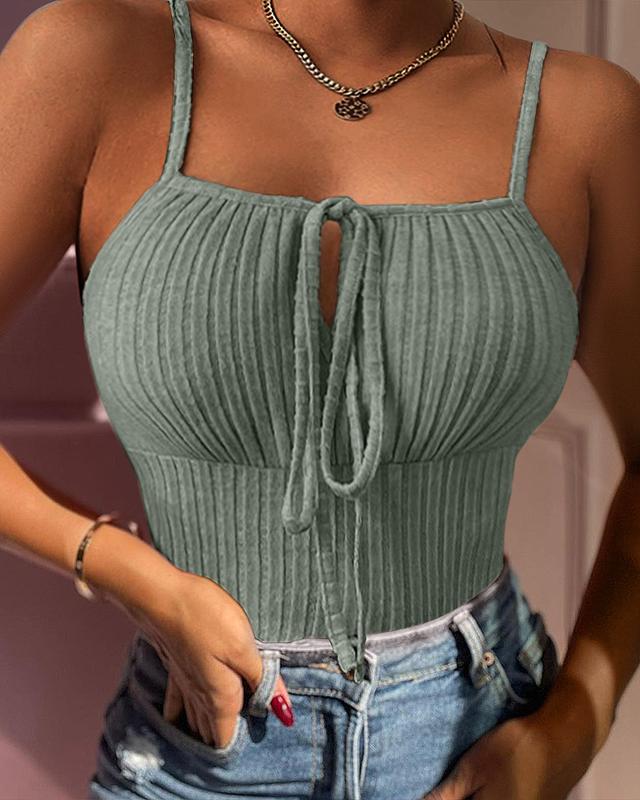 Chicme Tied Detail Ribbed Cami Top align tank croptopswomenlatina Fit Sleeve Spaghetti Spaghetti Strap