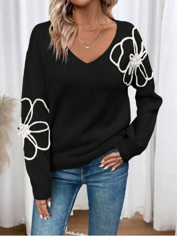  Floral Design Sweater, Casual Long Sleeve V Neck Jumper for Fall & Winter, Women's Plus Clothing for Daily Wear