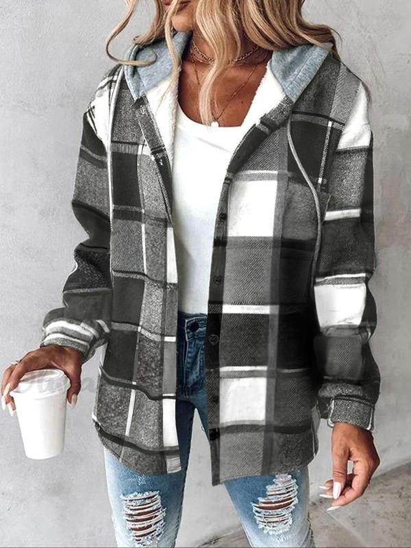 Women's Plaid Button Front Drop Shoulder Hooded Jacket, Casual Tops, Long Sleeve Drawstring Pocket Outerwear for Daily Wear, Winter Clothes Women 2024, Ladies Clothes for All Seasons