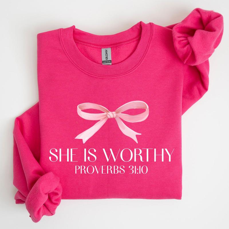 She Is Worthy, Bible Verse, Christmas, Bow, Pink, Proverbs, Soft Girl Era Sweatshirt, Women's Crew Neck, Crewneck