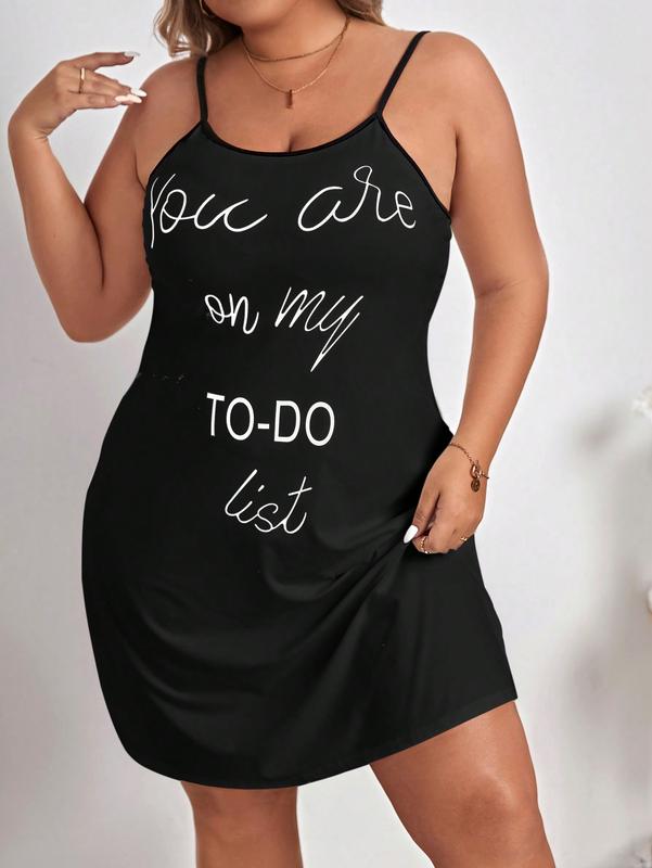 Plus Slogan Graphic Contrast Binding Cami Pajama Nightdress lady loungewear