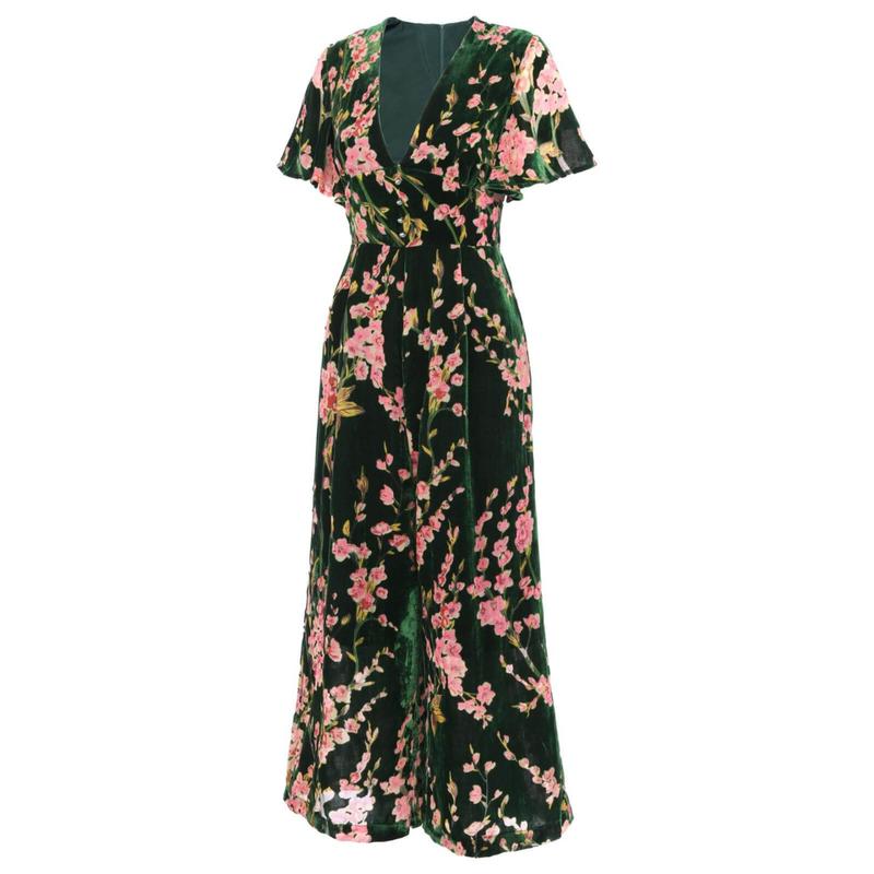 Retro Stage 1930s Green Velvet Printed V-Neck Jumpsuit Ruffled Sleeves and Cinched Waist Featuring Loose Wide-Leg Pants Perfect for Casual Outings Dates Parties and Vacations Offers an Elegant Look Accentuates the Waistline for Effortless Style romper