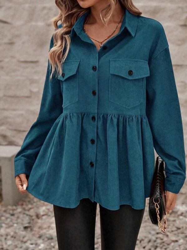 Plus Size Plain Flap Pocket Ruffle Hem Button Front Shirt, Casual Long Sleeve Collared Peplum Top for Fall & Winter, Fall Outfits, Women's Clothes for Daily Wear, Fall Womenswear Longsleeves