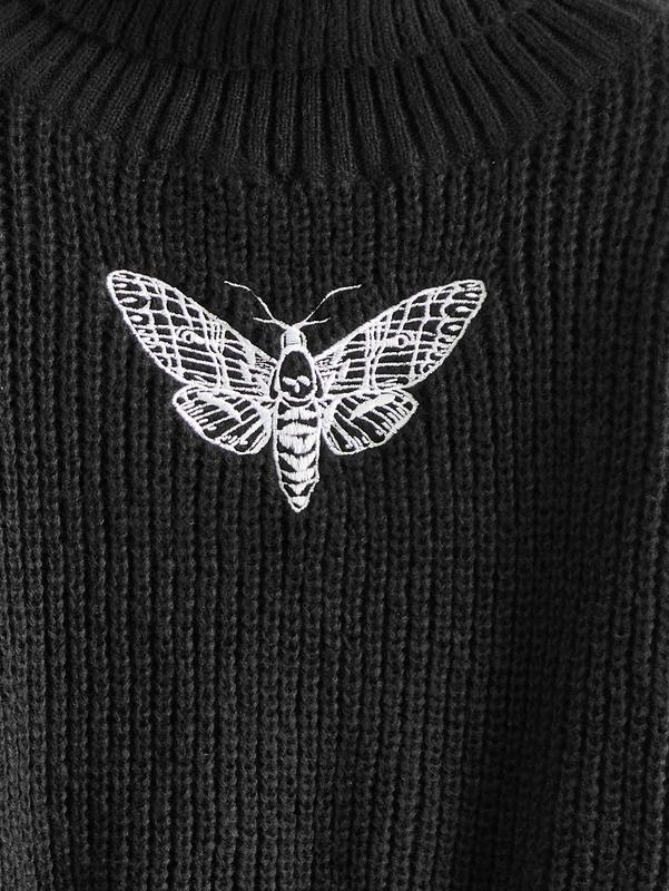 ROMWE Goth Fairycore Women's Insect Embroidery Pattern Black Pullover Turtleneck Sweater