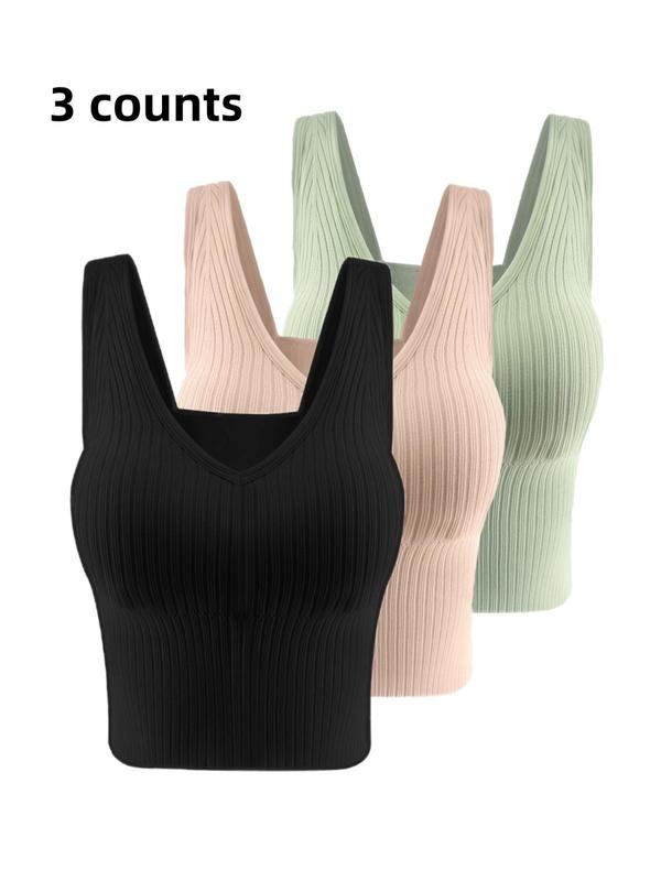 Women's Solid Backless Bra with Removable Chest Pad, Casual Rib Wireless Lingerie for Daily Wear, Summer Wear 2024, Softness Lingerie for All Seasons