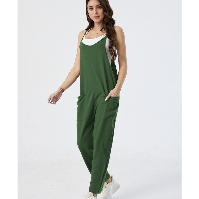 Hixiaohe Women's Casual V Neck Sleeveless Jumpsuits Baggy Straps Harem Long Pants Overalls With Pockets