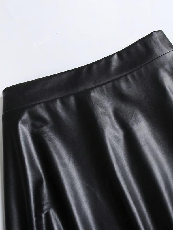 Women's Solid Plicated PU Leather Skirt, Fashion Casual Flared Skirt for Daily Outdoor Wear, Women's Bottoms for Spring & Fall