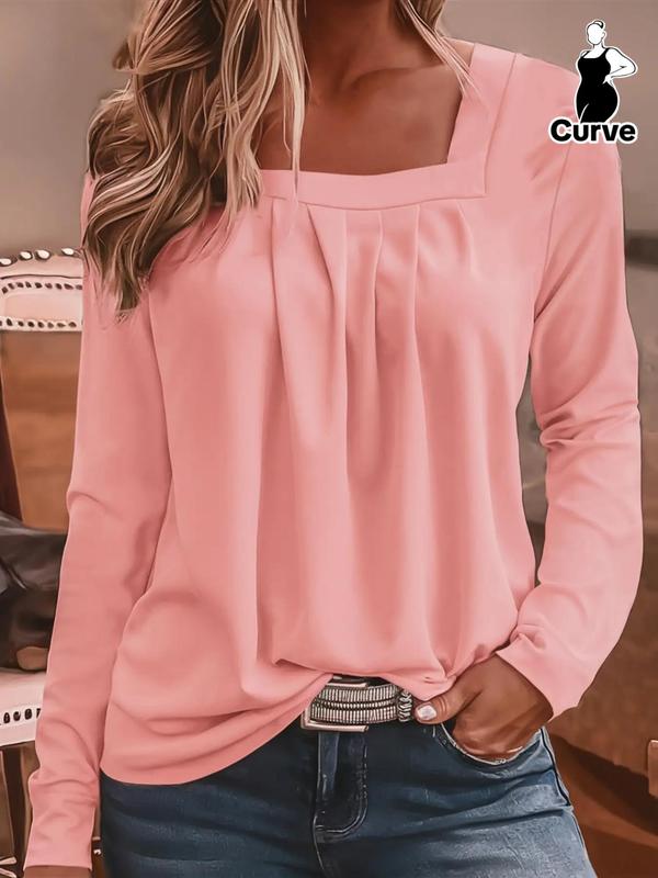  Solid Minimalist Plicated Square Neck Tee, Tee Shirts for Women, Comfort Elegant Trendy Casual Long Sleeve T-Shirt, T Shirts for Women, Women's Basic Clothing