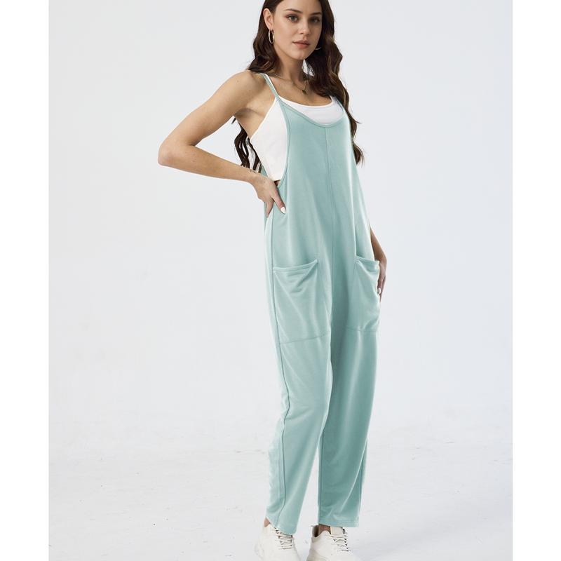 Hixiaohe Women's Casual V Neck Sleeveless Jumpsuits Baggy Straps Harem Long Pants Overalls With Pockets